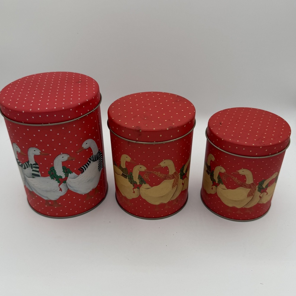 Vintageβ Farmhouse Duck Holiday Tin Canister Set White Polka Dot Kitchen Storage